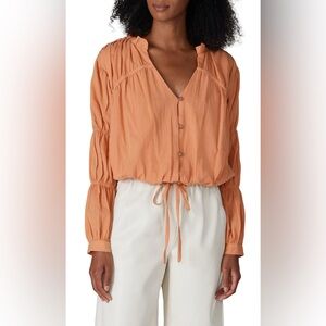 Small LOVE, WHIT X RTR Sand Stone Button Front With Tie Peasant Blouse Top EUC